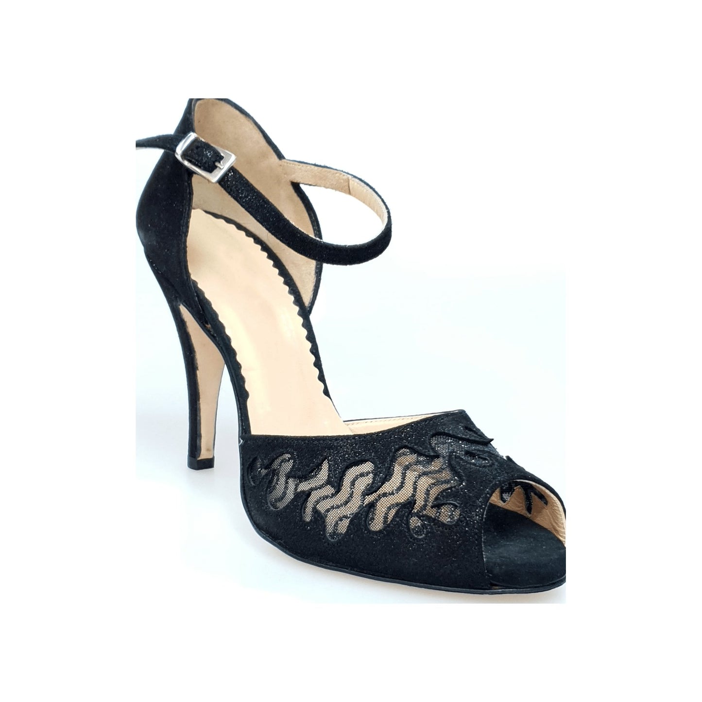 Scarpa Rosely 1582 in raso nero con inserti in pizzo trasparente e tacco a spillo largo, brand Outlet.
