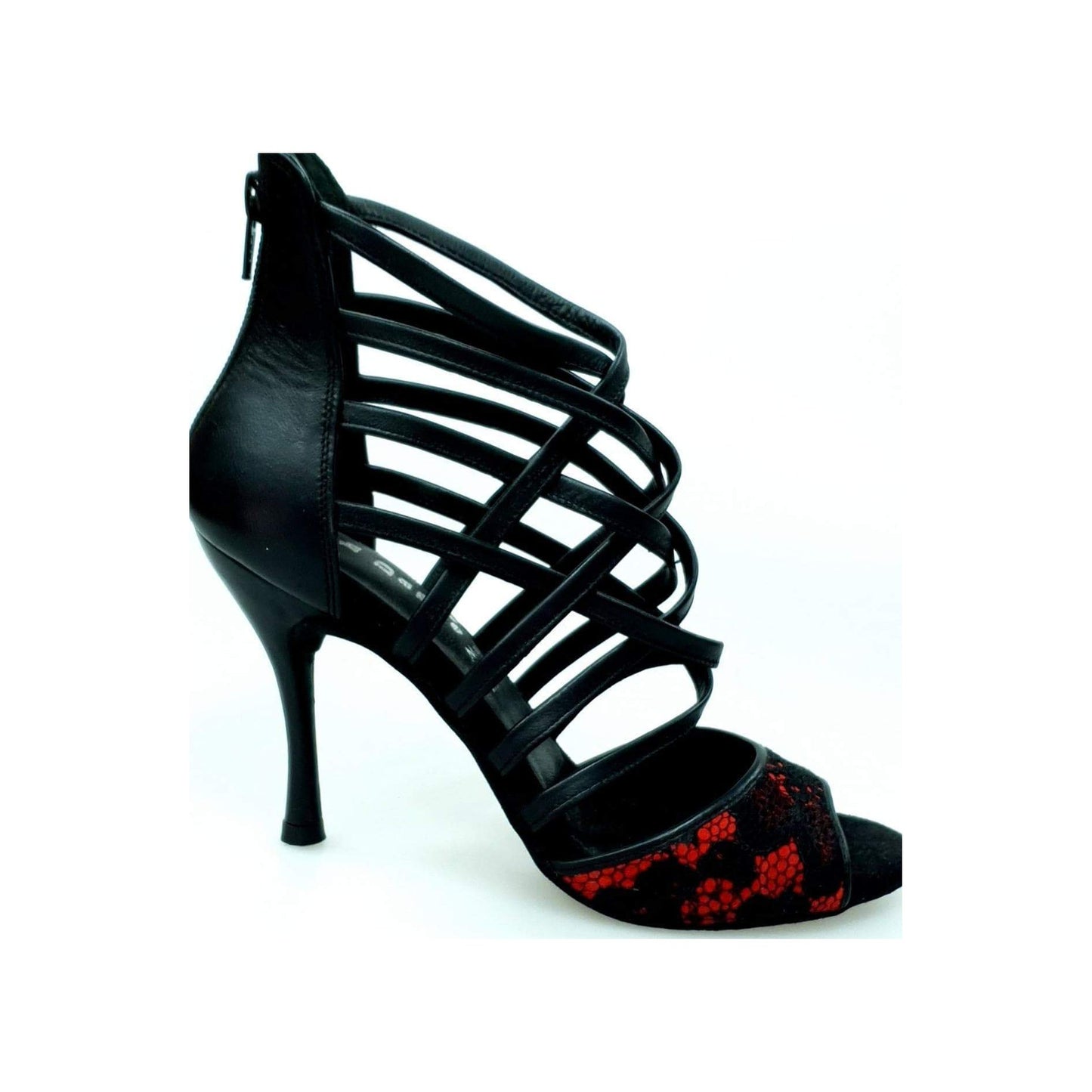 Sandalo da donna Megan Wish Dance Shop in pizzo rosso con tallone e tacco in pelle nera, elegante e femminile.