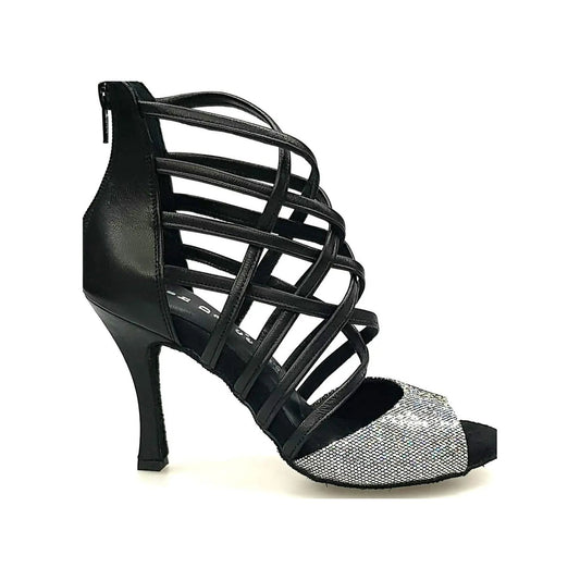 Sandalo donna Wishdance Megan in vera pelle nera con tomaia multicolor e dettagli argentati, scarpa elegante e moderna