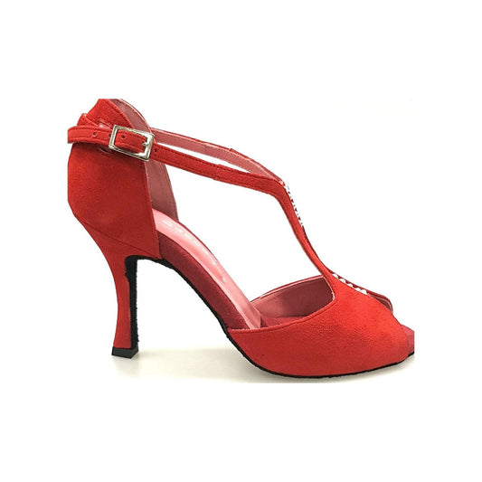 Scarpa da donna in camoscio rosso Terry 169B di Wish Dance Shop, vista laterale con dettaglio in camoscio.