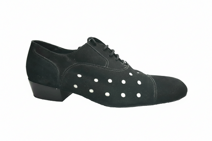 Scarpa da uomo Vasco Movida by WISH DANCE in camoscio nero con pois bianchi, elegante e confortevole, vista frontale.