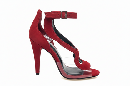 Angela - Women's Black Suede Sandal with Plexiglass Parts Wide Stiletto Heel