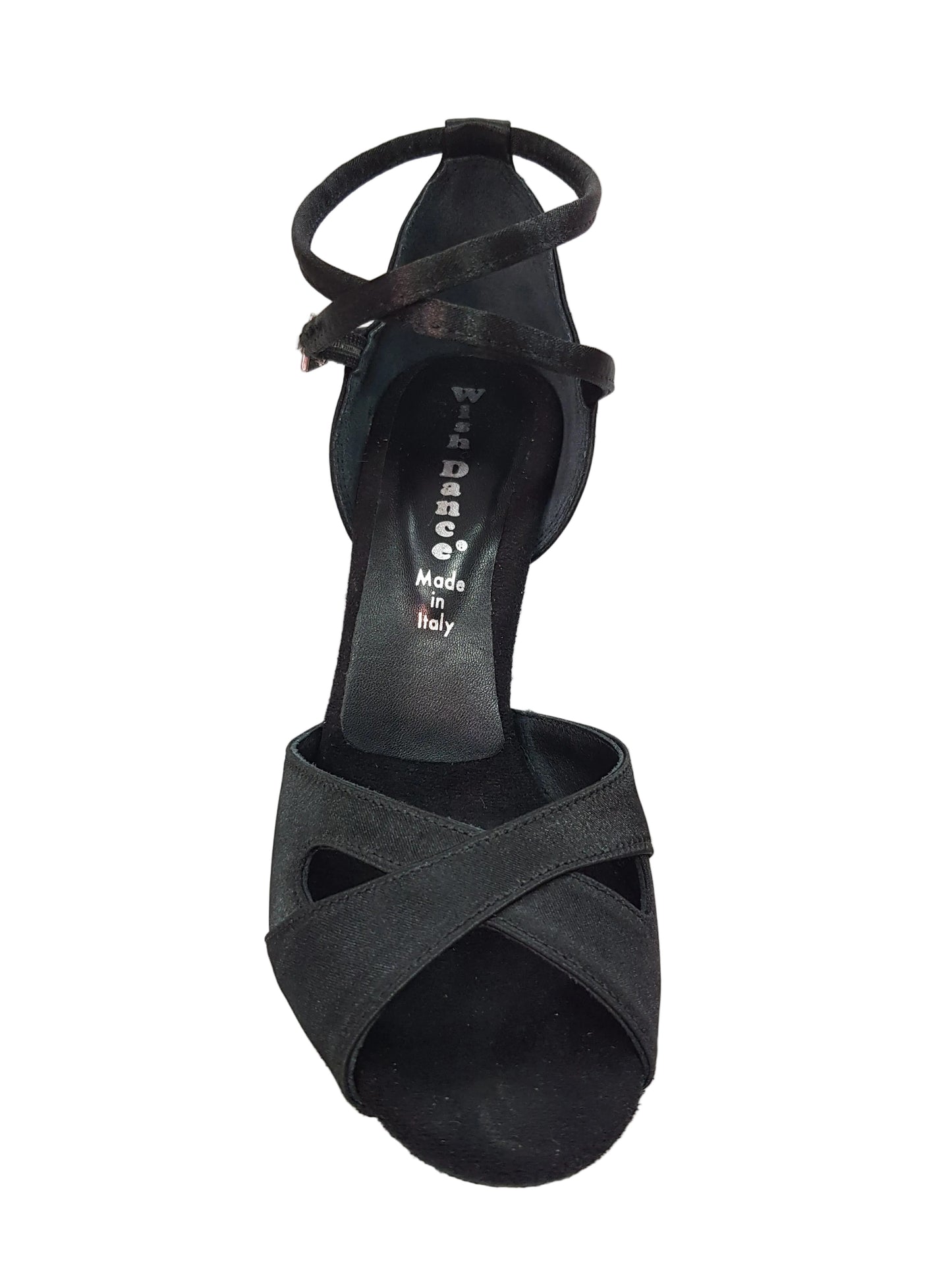 Scarpa da donna Ely QB in raso di seta nero con cinturino incrociato, tacco a rocchetto e cuscino memorex, vista frontale.