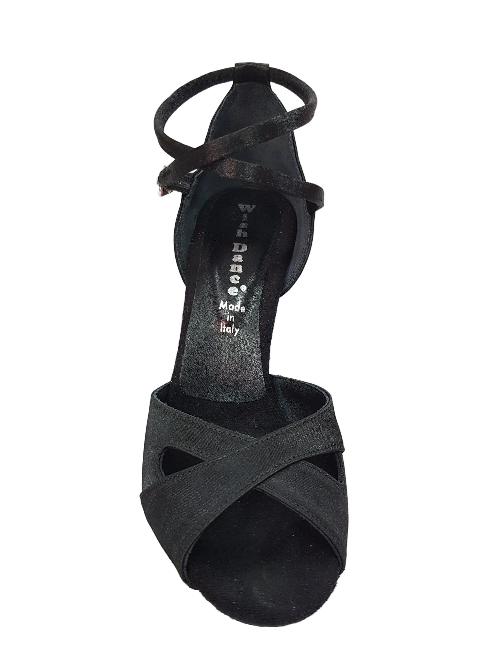Scarpa da donna Ely QB in raso di seta nero con cinturino incrociato, tacco a rocchetto e cuscino memorex, vista frontale.