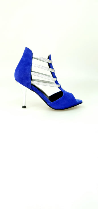 Tatyana (460PW) - Woman's Sandal in Royal Blue Suede with Silver Elastics and Silver Laminated Stiletto Heel