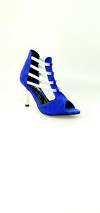 Tatyana (460PW) - Woman's Sandal in Royal Blue Suede with Silver Elastics and Silver Laminated Stiletto Heel