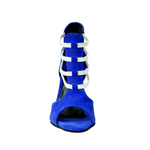 Load image into Gallery viewer, Tatyana (460PW) - Woman&#39;s Sandal in Royal Blue Suede with Silver Elastics and Silver Laminated Stiletto Heel
