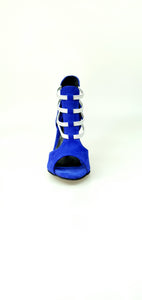 Tatyana (460PW) - Woman's Sandal in Royal Blue Suede with Silver Elastics and Silver Laminated Stiletto Heel