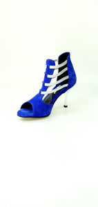 Tatyana (460PW) - Sandalo da Donna in Camoscio Blu Royal con Elastici Argento e Tacco a Stiletto laminato Argento