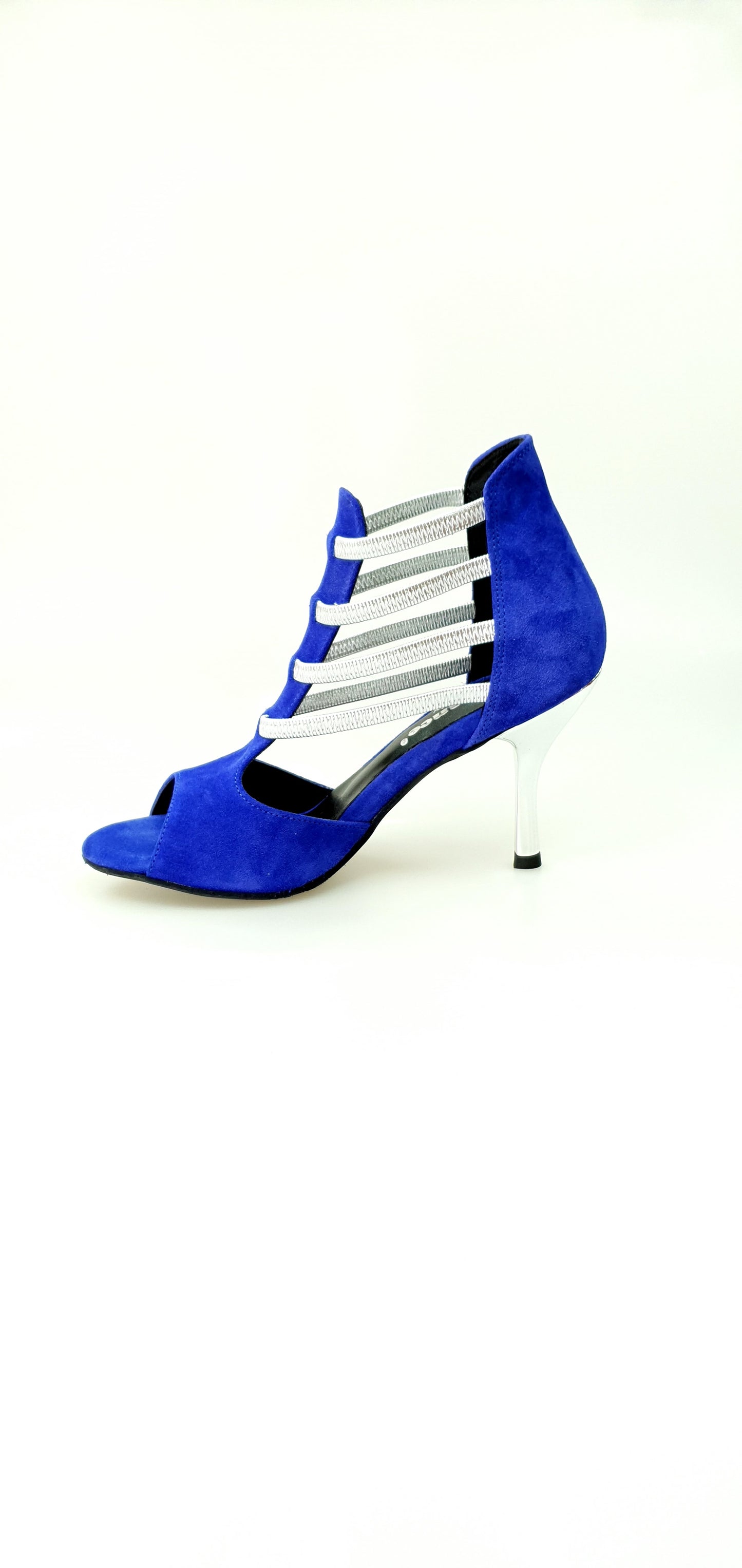 Sandalo donna Tatyana Wish Dance Shop in camoscio blu royal con elastici argentati e tacco a stiletto laminato argento