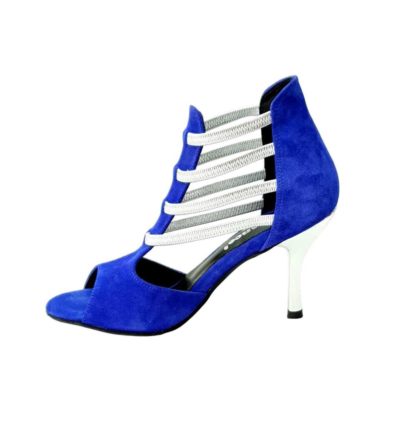 Sandalo donna Tatyana Wish Dance Shop in camoscio blu royal con elastici argento e tacco a stiletto laminato argento.