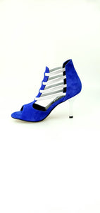 Tatyana (460PW) - Woman's Sandal in Royal Blue Suede with Silver Elastics and Silver Laminated Stiletto Heel