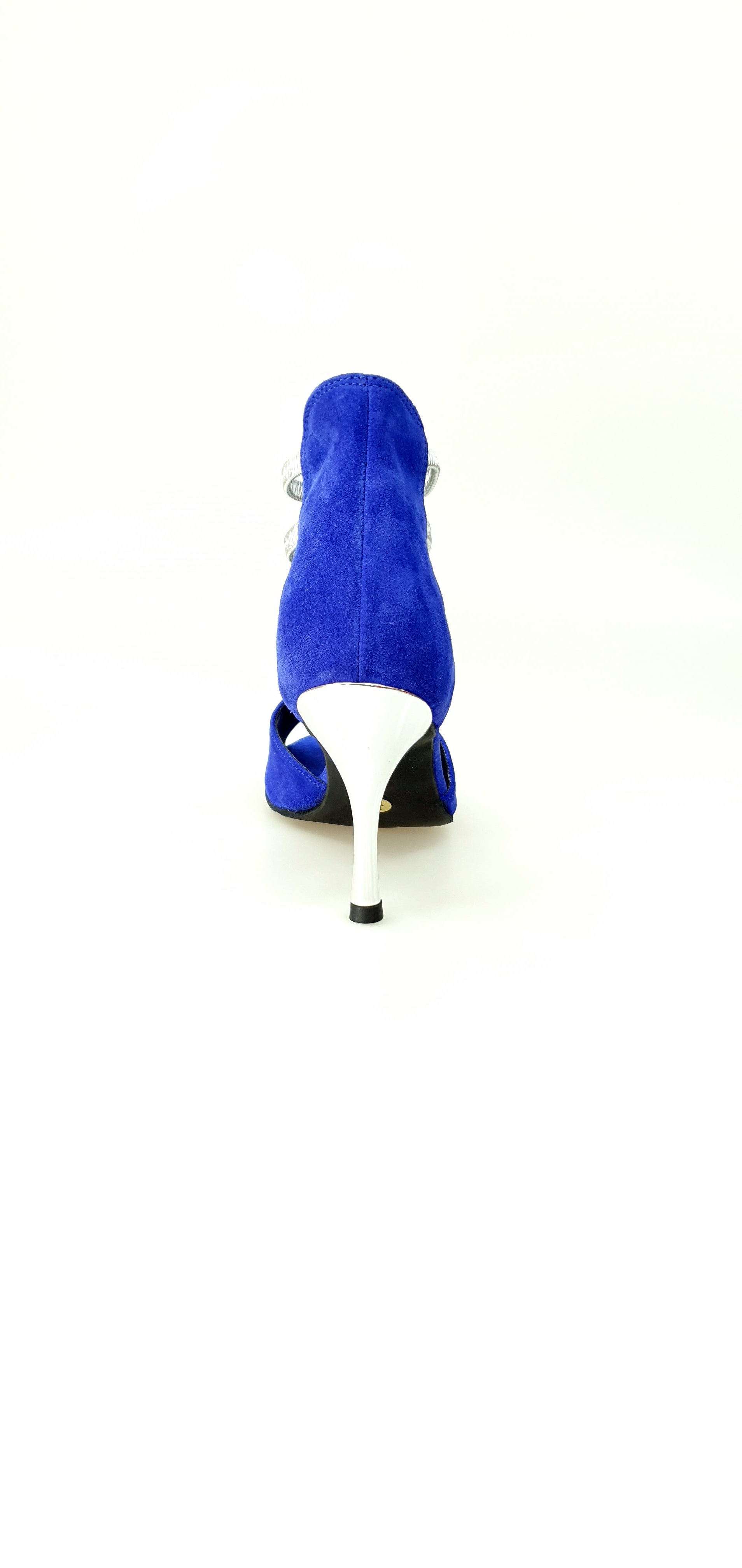 Sandalo donna Tatyana Wish Dance Shop in camoscio blu royal con elastici argento e tacco stiletto laminato argentato