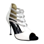 Load image into Gallery viewer, Tatyana (460PW) - Woman&#39;s Sandal in White Leather with Silver Elastics and Silver Laminated Stiletto Heel
