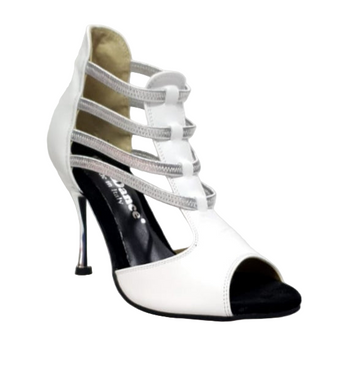 MILITE Silver (460PW) - Sandalo da Donna in Pelle Bianca con Elastici Argento e Tacco a spillo laminato Argento