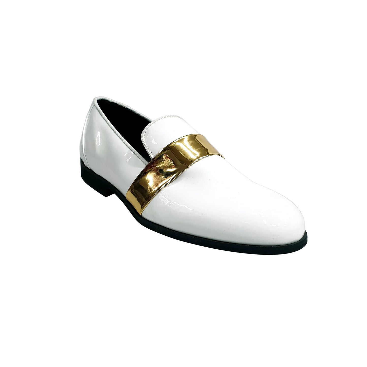 Mocassino in vernice bianca con fascia oro, scarpa Wish Dance Shop, fodera in vera pelle italiana, elegante e raffinata.