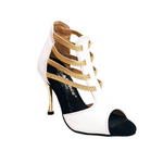 Load image into Gallery viewer, Tatyana (460PW) - Woman&#39;s Sandal in White Leather with Gold Elastics and Gold Laminated Stiletto Heel
