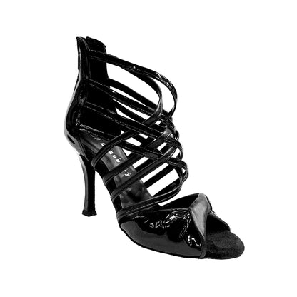Sandalo alto donna Wishdance Natalia (360) in pelle e vernice nera con strisce in pelle e vernice nera, modello elegante e alla moda