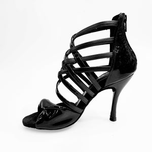 (360) - Women's High Sandal in Black Patent Leather and Black Leather with Black Leather and Black Patent Straps with Stiletto Heel