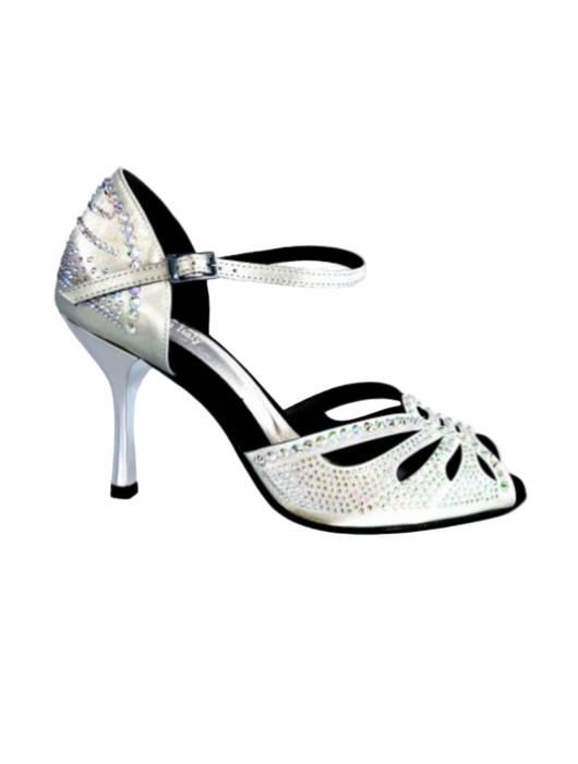 Diamond (L5) - Silver Gray Satin Dance Shoe with Boreal Swarovski and Stiletto Heel