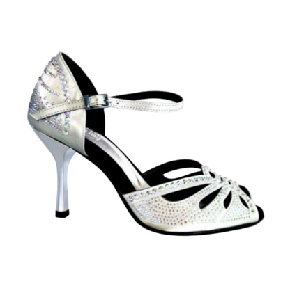 Scarpa da ballo in raso grigio argento con Swarovski Boreali, tacco stiletto laminato argento, stile elegante e raffinato.