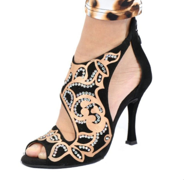 Sandalo donna Desiré SW Wishdance in camoscio nero con inserto raso seta bronzo e Swarovski Boreali, scarpa elegante e raffinata