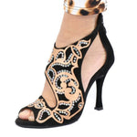 Carica immagine nella Galleria, Desiré SW - Sandalo da Donna in Camoscio Nero Inserto Raso Seta Bronzo con Swarovski Boreali
