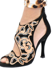 Carica immagine nella Galleria, Desiré SW - Sandalo da Donna in Camoscio Nero Inserto Raso Seta Bronzo con Swarovski Boreali
