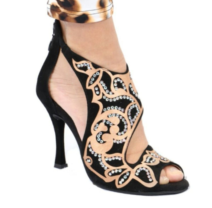 Scarpa donna Desiré SW Wishdance in camoscio nero con inserto raso seta bronzo e cristalli Swarovski Boreali.