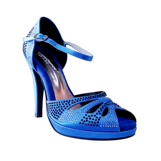 Alexa (LP4) - Scarpa da Ballo in Raso Seta Blu Royal con Swarovski Celeste e Blu con Tacco Alto a Spillo Largo