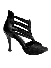 Carica immagine nella Galleria, Lilith (460) - Sandalo da Donna in Cavallino Nero pelo corto con Tallone e Tacco in Pelle Nera elastici neri Tacco a Rocchettino sottile