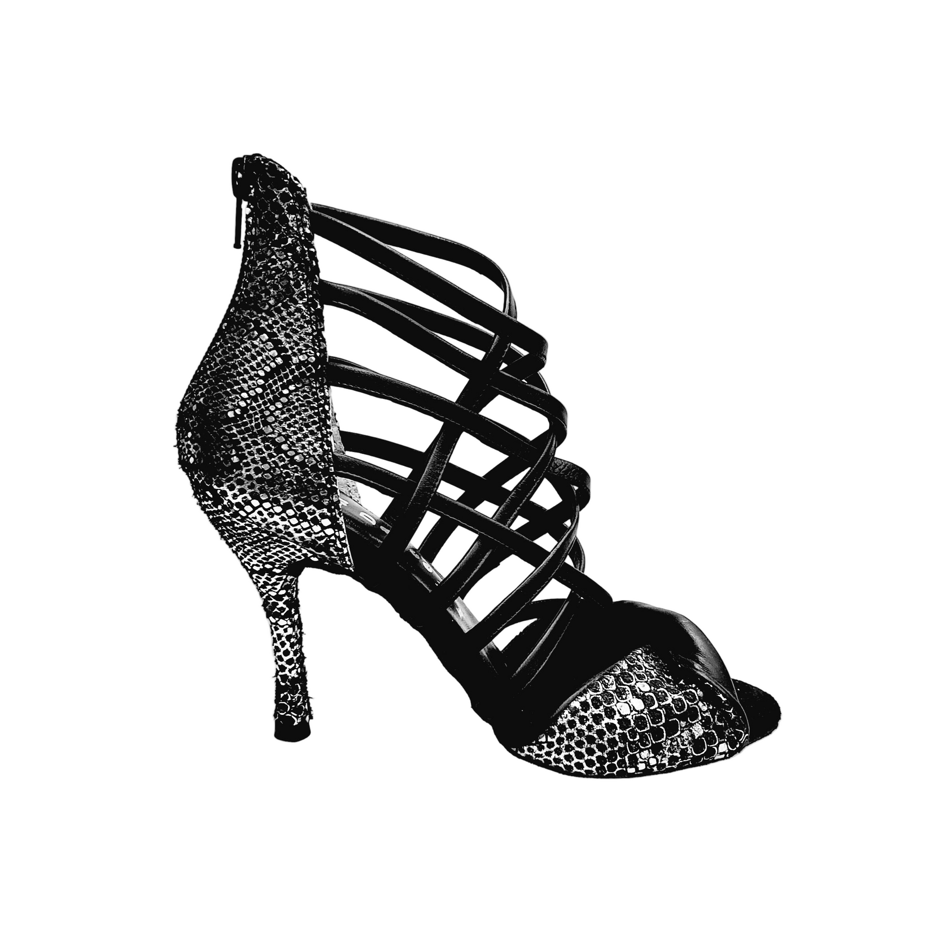 Sandalo donna Natalia (360) Wish Dance Shop in pitone argento con fascette in pelle nera, anteprima immagine.