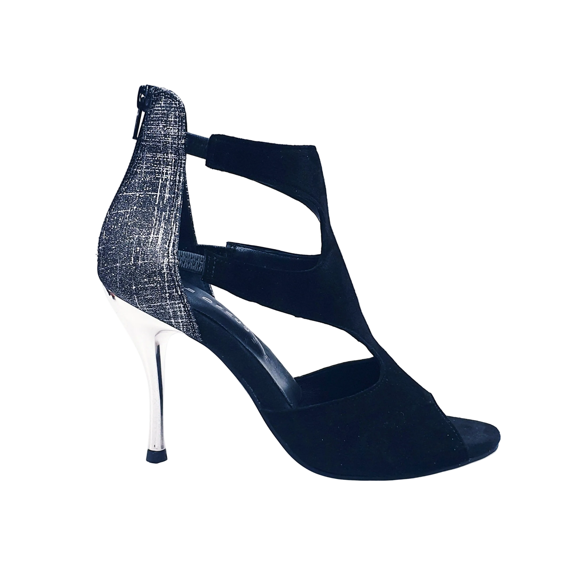 Sandalo donna Nina Fish in camoscio nero con dettagli in Fish Carbon Boreale, con tacco e punta avanti, stile elegante e confortevole