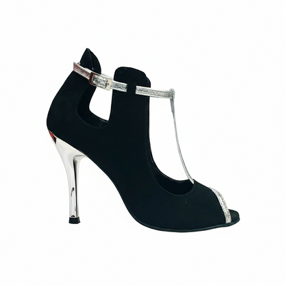 Scarpa in camoscio nero Jenny (18/06) con dettagli e cinturini in glitter argento, stile elegante e alla moda.
