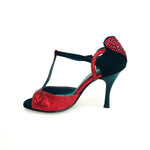 Load image into Gallery viewer, BELL/C Plus Red Cuore SW Red F.3407 (R.L. by WISH DANCE) - Sandalo da donna in camoscio nero e Cuore di Swarovski Rosso e Galleria Rosso con Tacco a Rocchettino Smaltato nero
