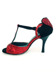 Carica immagine nella Galleria, BELL/C Plus Red Cuore SW Red F.3407 (R.L. by WISH DANCE) - Sandalo da donna in camoscio nero e Cuore di Swarovski Rosso e Galleria Rosso con Tacco a Rocchettino Smaltato nero

