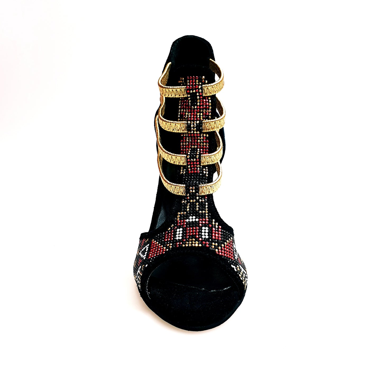 Sandalo donna Sara Gold Plus in camoscio nero con dettagli oro, tacco a stiletto laminato e elastici dorati.