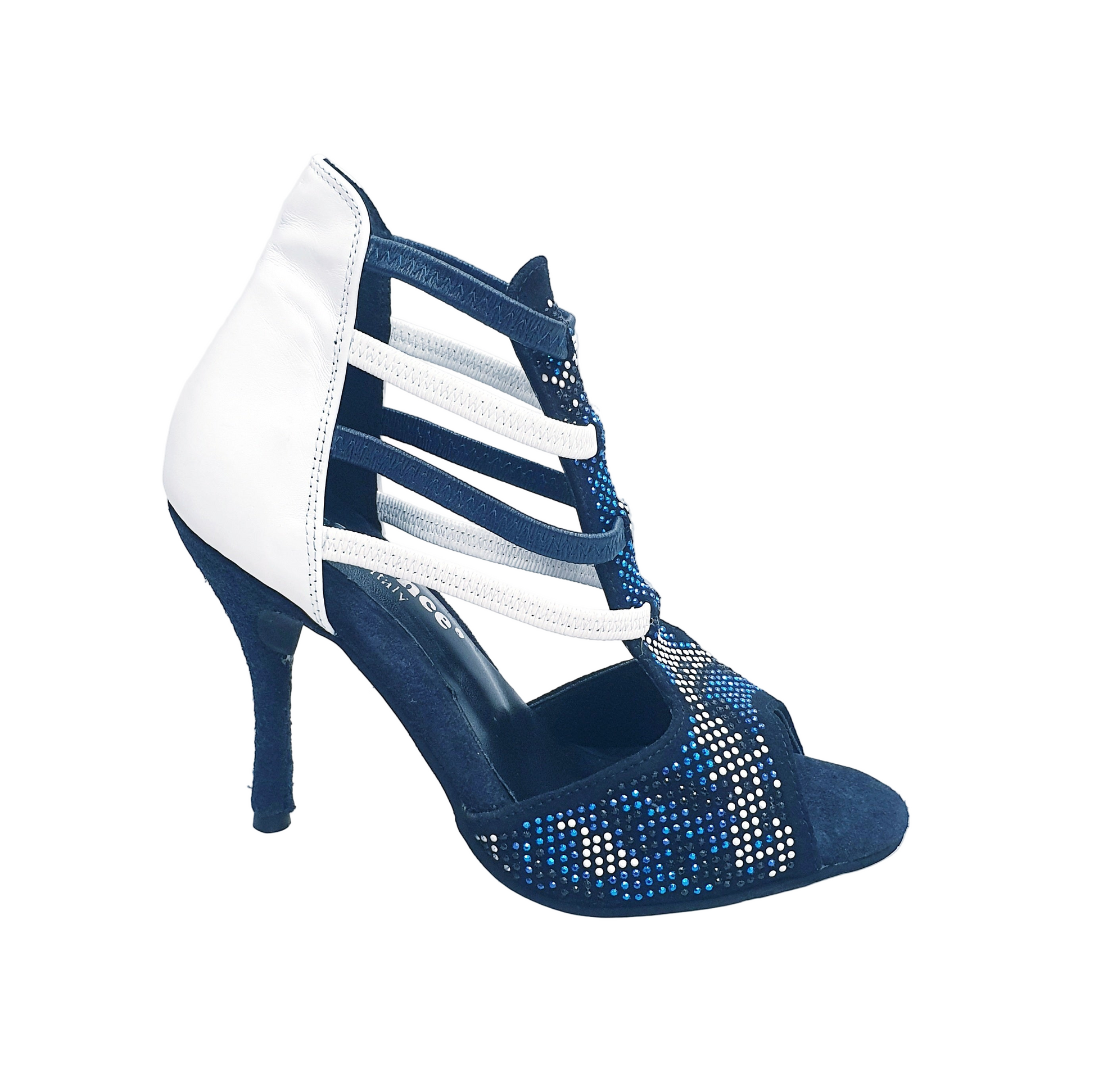 Sandalo donna Wish Dance Shop Viper Blu/White con camoscio blu, borchiette bianche e nere, Swarovski blu, elastici bianchi e blu, tacco rivestito.