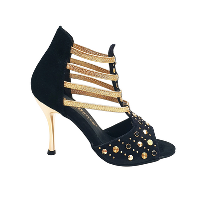 Sandalo donna Swann Elizabeth Pirata Wish Dance Shop in camoscio nero con borchie oro, Swarovski neri, elastici oro e tacco a spillo laminato oro
