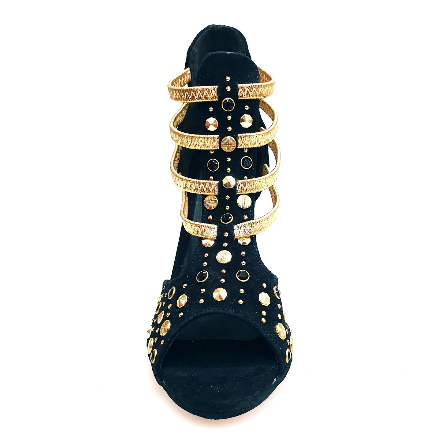 Sandalo donna Swann Elizabeth Pirata in camoscio nero con borchie oro, Swarovski neri, elastici oro e tacco a stiletto squadrato laminato oro