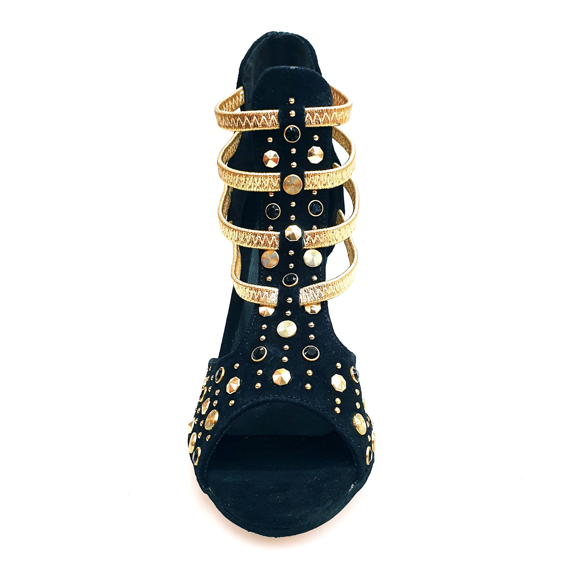Sandalo donna Swann Elizabeth Pirata in camoscio nero con borchie oro, Swarovski neri, elastici oro e tacco a stiletto squadrato laminato oro