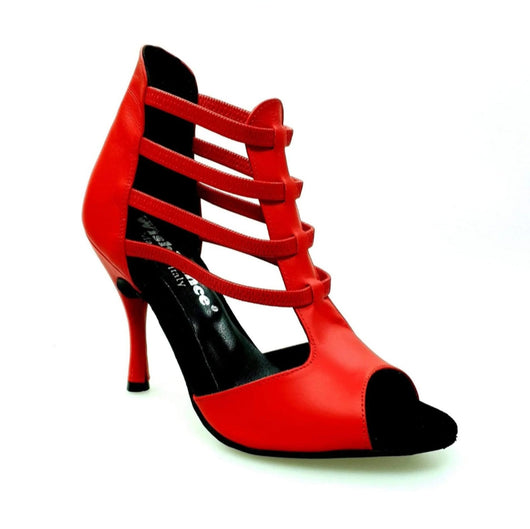 Diabla Roja (460PW) - Sandalo in Pelle Rossa con Elastici Rossi e Tacco a spillo Rivestito in Vera Pelle Rossa