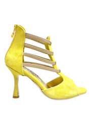Carica immagine nella Galleria, GIOVANNA (460ZIP PW) - Sandalo da Donna in Camoscio Giallo con zip ed elastici Oro Tacco a Rocchetto Slim
