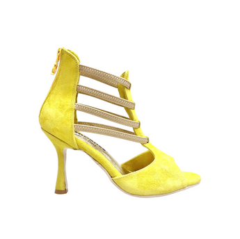 GIOVANNA (460ZIP PW) - Sandalo da Donna in Camoscio Giallo con zip ed elastici Oro Tacco a Rocchetto Slim