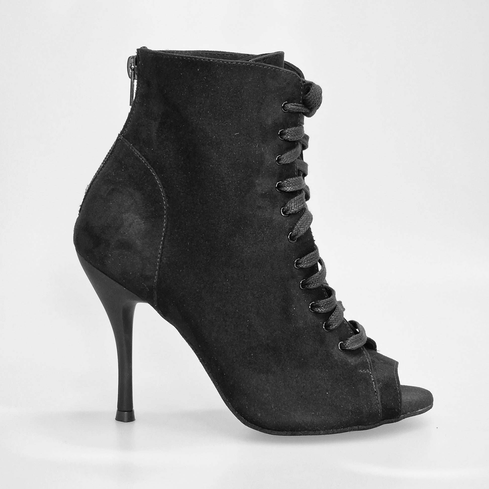 Stivaletto nero Alexis Black Wish Dance Shop con zip, tacco a spillo in alluminio verniciato effetto gommato in camoscio nero