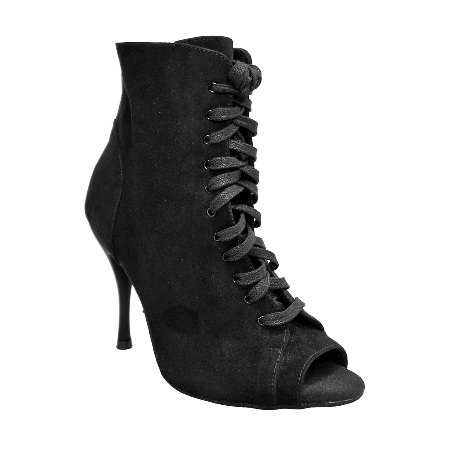 Stivaletto nero ALEXIS Black Wish Dance Shop con zip, tacco a spillo in alluminio verniciato effetto gommato in camoscio nero.