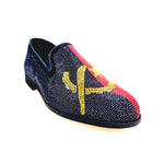 Load image into Gallery viewer, MACETE Facão (800PJ) - Mocassino da Uomo in Camoscio Nero Livrea Bandiera Angolana con Miniborchie Rosse Nere e Oro
