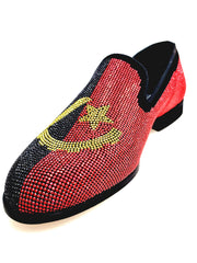 Carica immagine nella Galleria, MACETE Facão (800PJ) - Mocassino da Uomo in Camoscio Nero Livrea Bandiera Angolana con Miniborchie Rosse Nere e Oro
