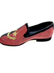 Carica immagine nella Galleria, MACETE Facão (800PJ) - Mocassino da Uomo in Camoscio Nero Livrea Bandiera Angolana con Miniborchie Rosse Nere e Oro
