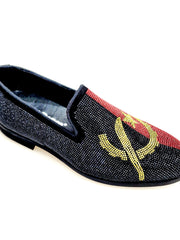 Carica immagine nella Galleria, MACETE Facão (800PJ) - Mocassino da Uomo in Camoscio Nero Livrea Bandiera Angolana con Miniborchie Rosse Nere e Oro
